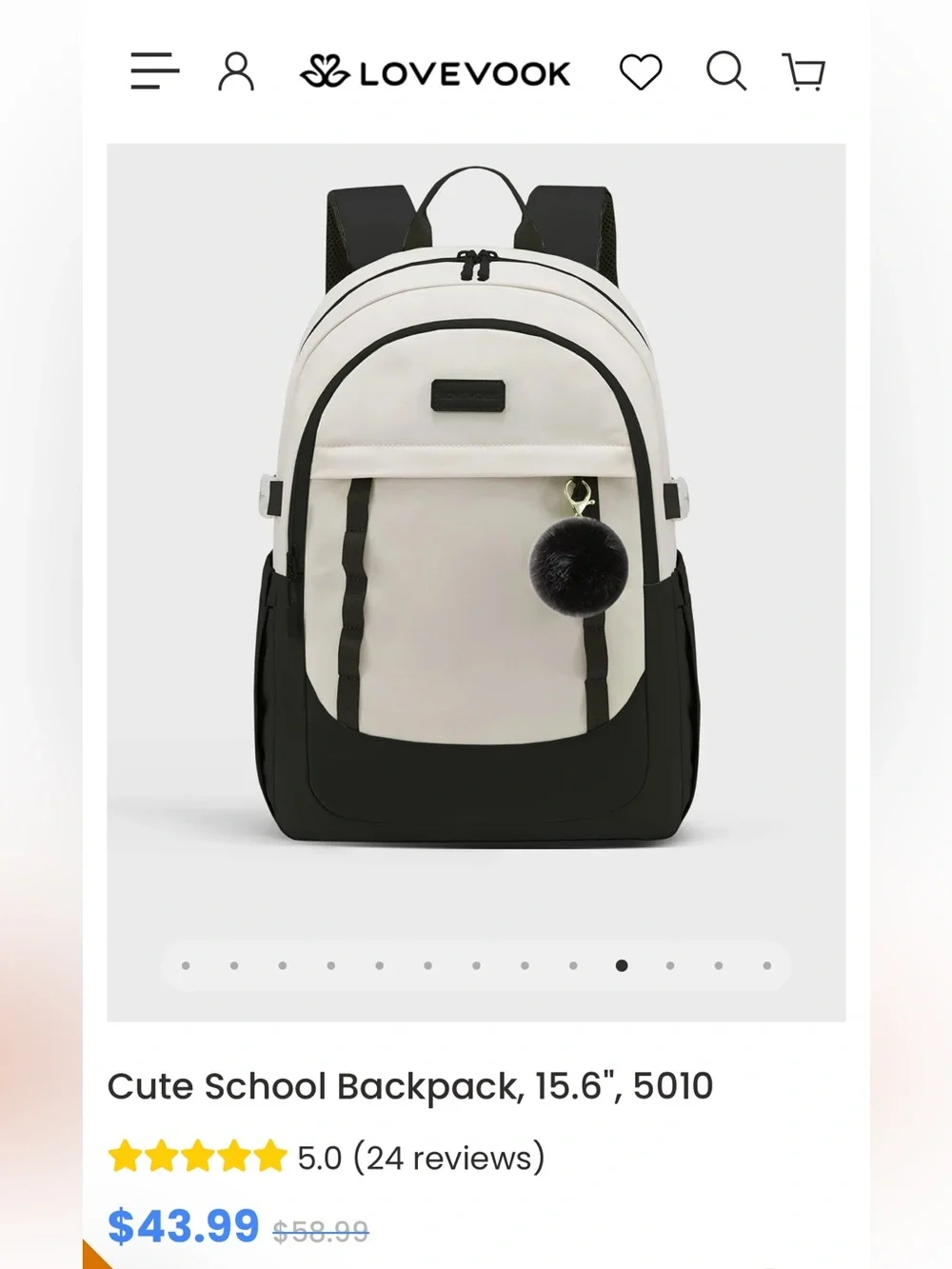 Two-Tone Black and Cream Backpack with Pom Pom Charm
